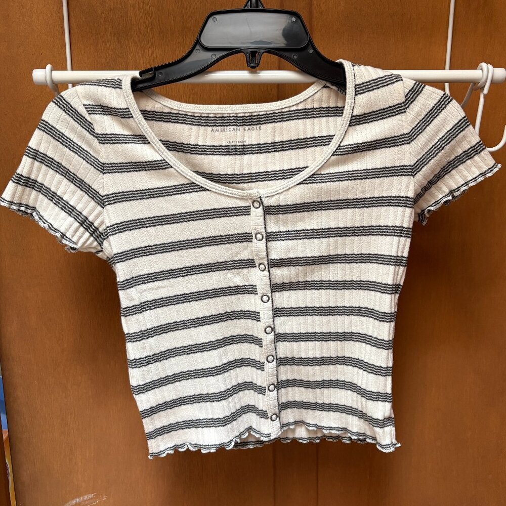 American Eagle Striped Ribbed Henley Crop Tee XS Y2K Baby Tee